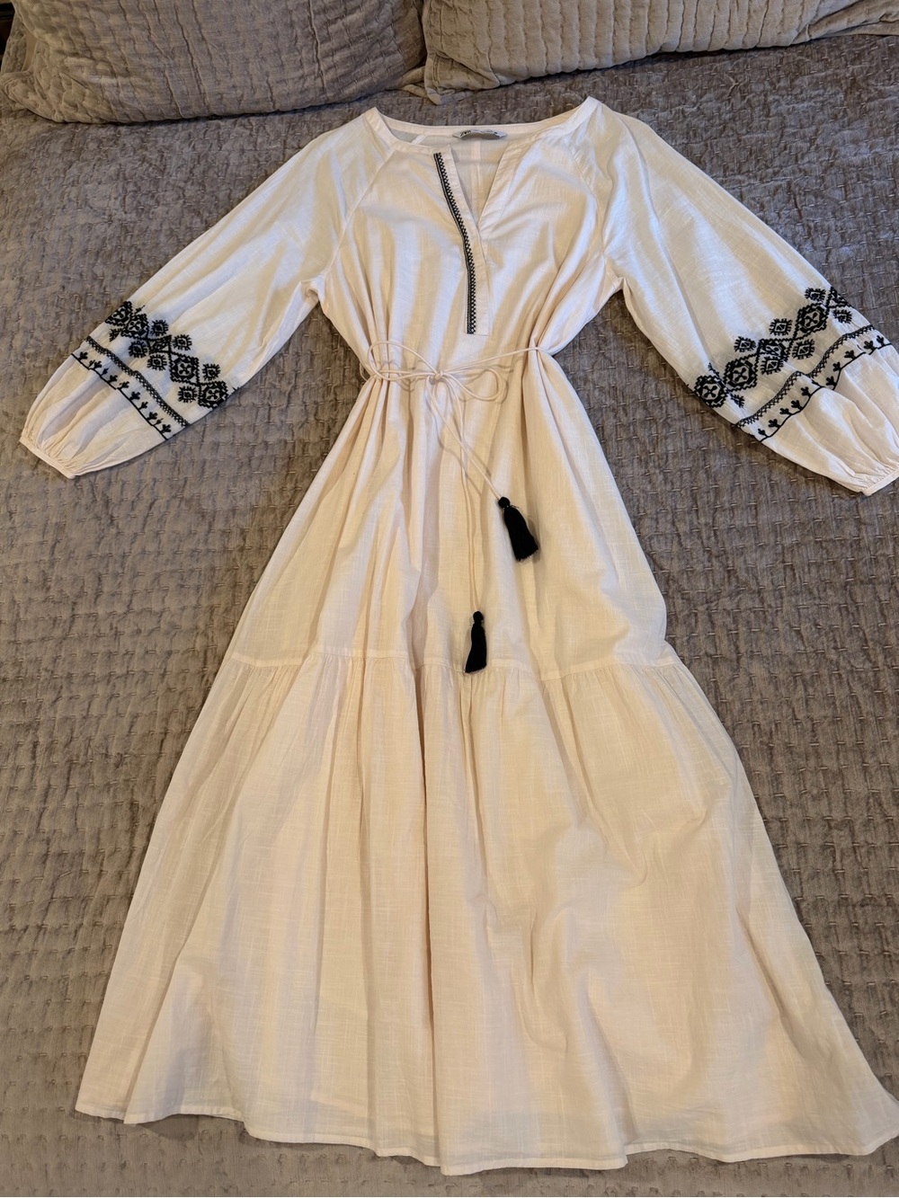 Zara Ivory Maxi Dress with Black beaded Embroidered Sleeves